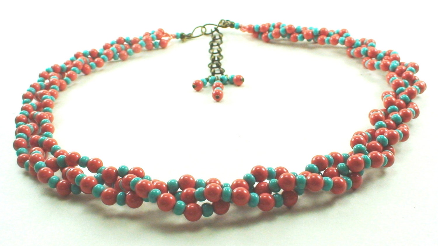 A Day on the Boardwalk - Precosia Turquoise Glass and Swarozski Coral/Pearl Braided Bead Necklace