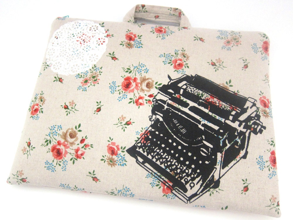 iPad Case Typewriter and Lace on Floral Linen