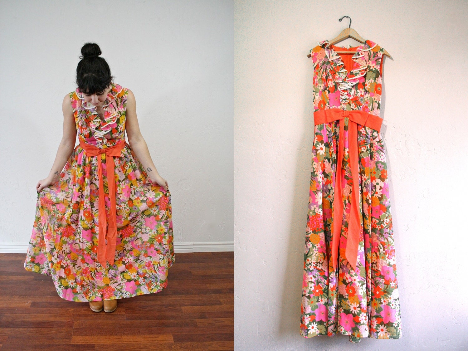 Vintage Maxi Dress / Vibrant Floral Maxi / Ruffle Dress / 1970s