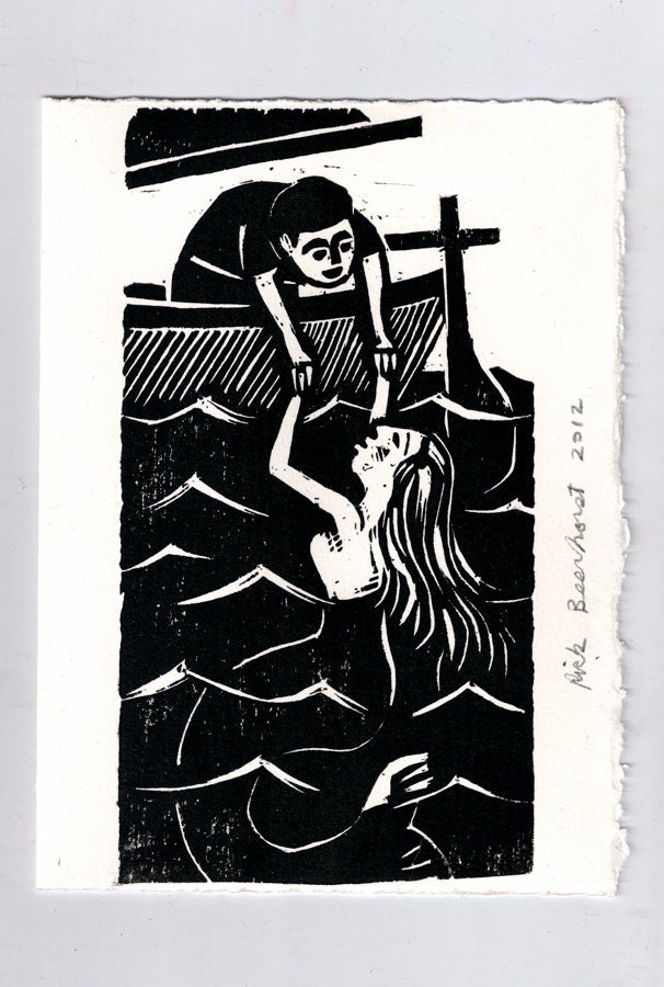 Mermaid and sailor woodblock card