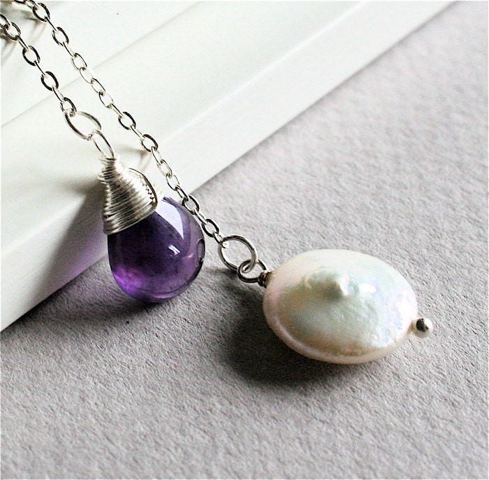 Amethyst and Coin pearl Lariat Necklace Purple by smilesophie Amethyst and Coin pearl Lariat Necklace Purple by smilesophie