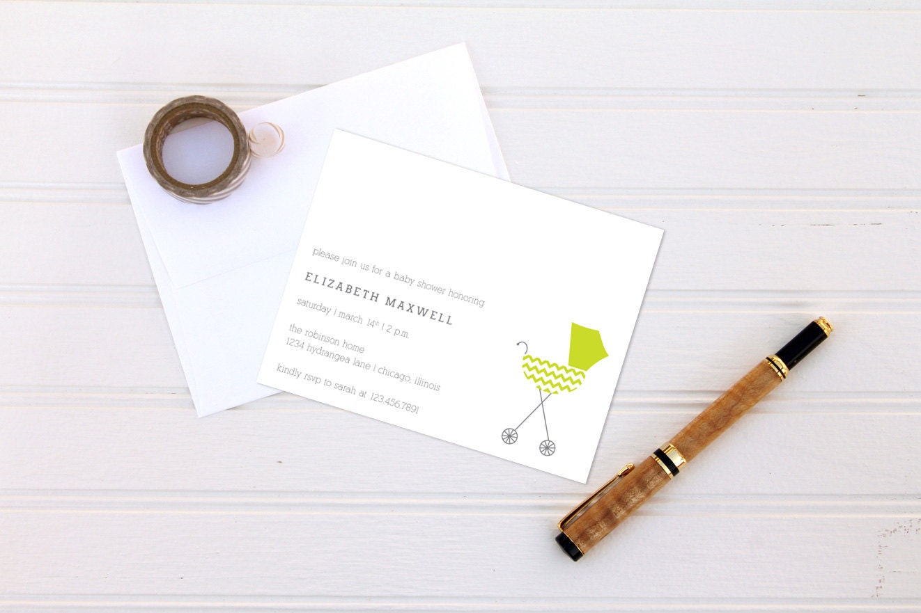 Baby Carriage Girl or Boy Baby Shower Invitations - Baby Carriage Gender Neutral Invites - Chevron Stripes - Set of 12 custom invites