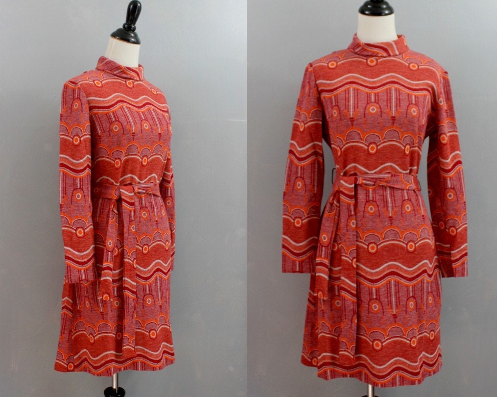 knit dress / 1960s graphic print dress / 60s orange dress medium m