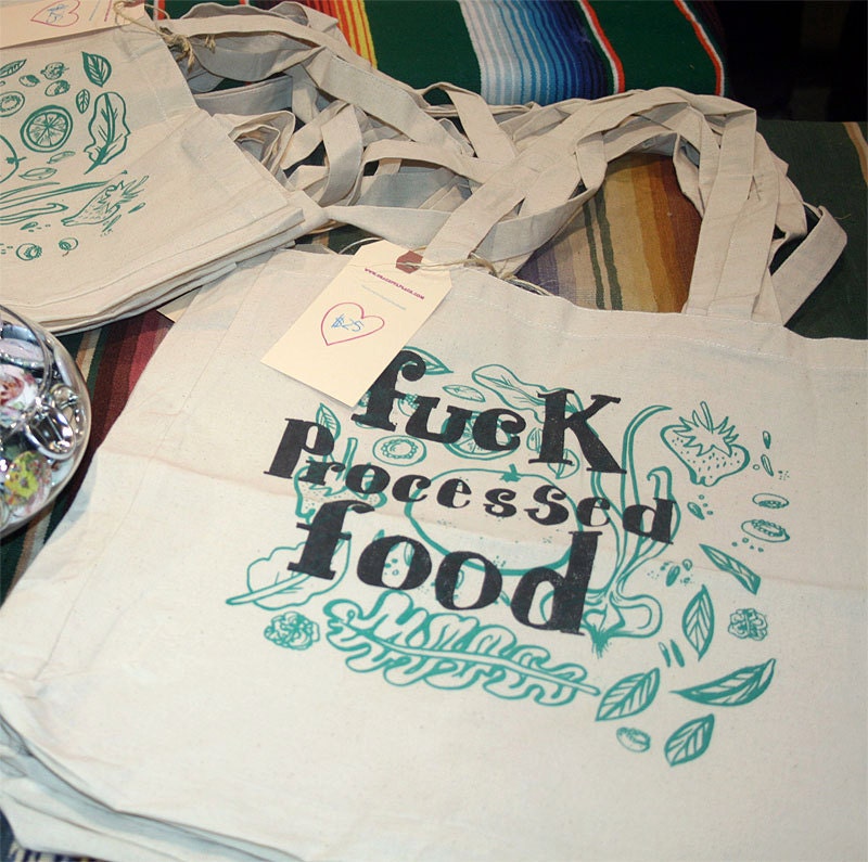 Fuck Processed Food Cute Fruit & Veggies Silkscreened Organic Tote Bag