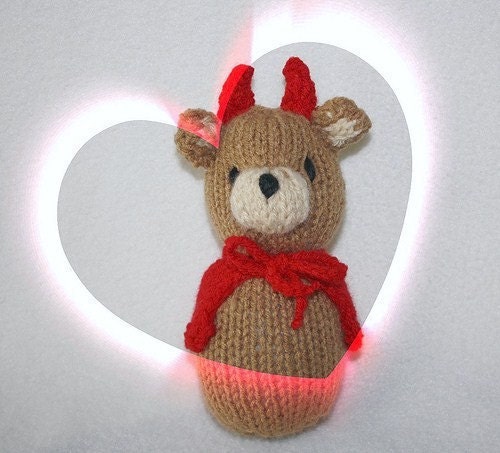 Little Devil Love Bear, Love is all you need, Sweet Knitted Bear, Hand Knit Toy, Ready to Ship