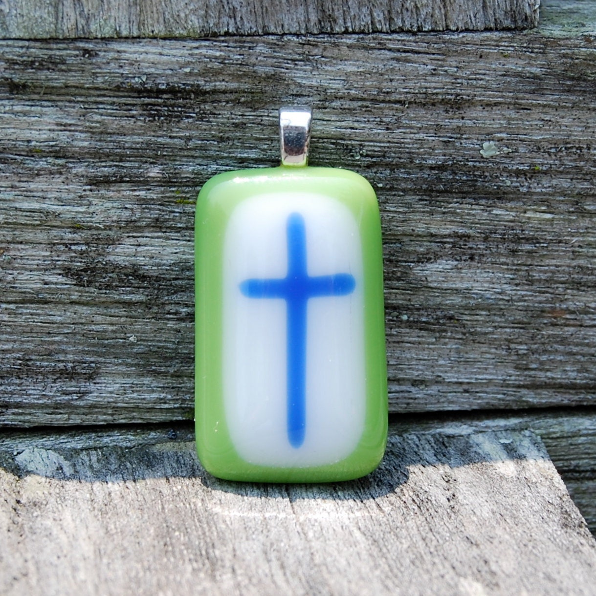 Cross Pendant - Blue and Apple Green - Fused Glass Pendant - Easter Gift