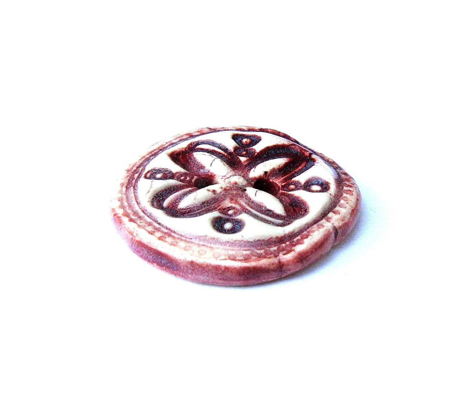 Button Stoneware Ceramic Focal Violet Reddish Purple & White One Inch Plus