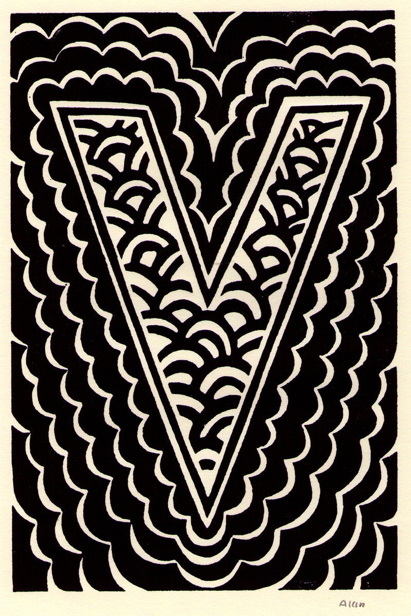 V is for the letter V. Linocut