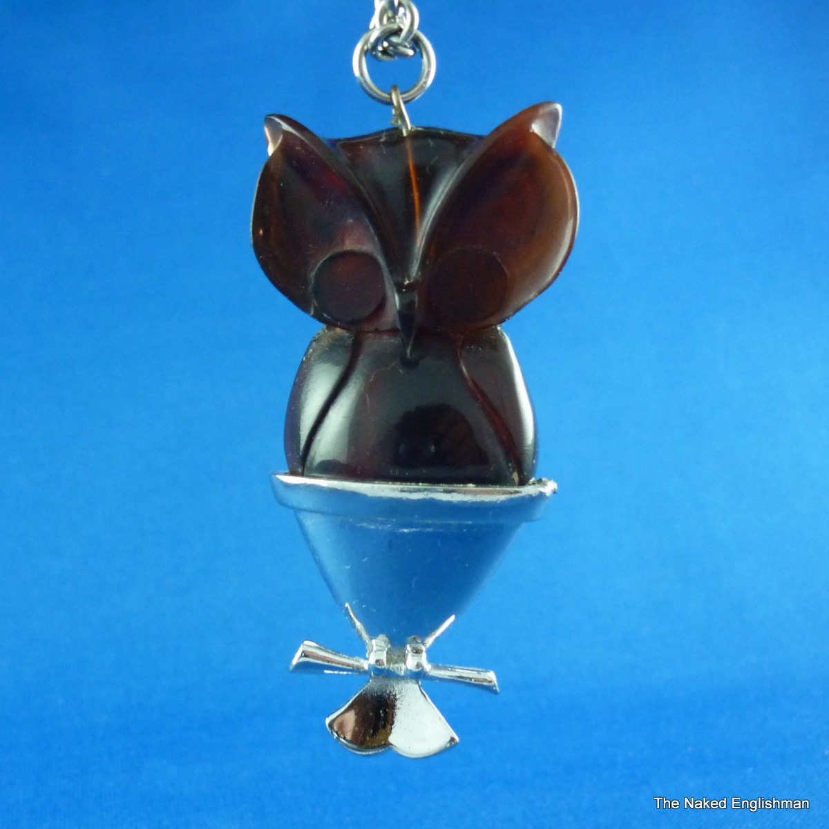 Root beer lucite Owl pendant and chain circa 1950