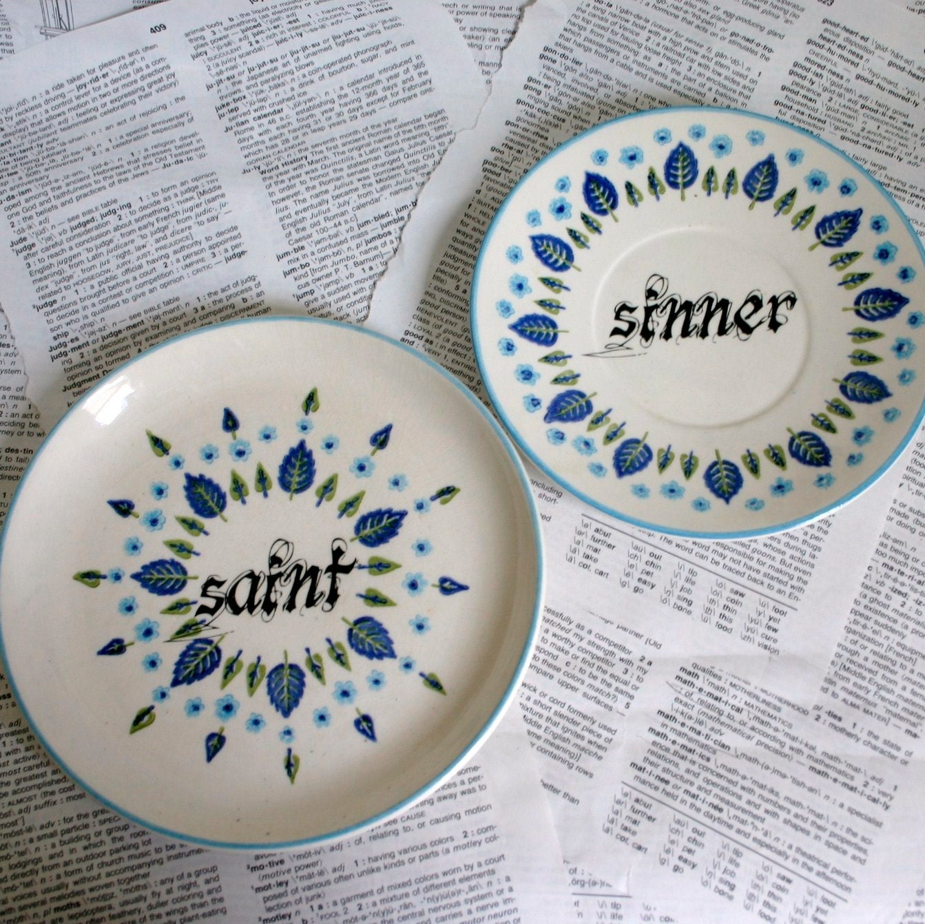 Sinner and Saint Blue Altered Vintage Plate Set