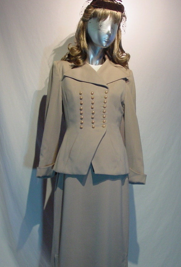 Vintage 1940's Military Style Womens Suit with Jacket, Skirt and Champagne Pearl Buttons