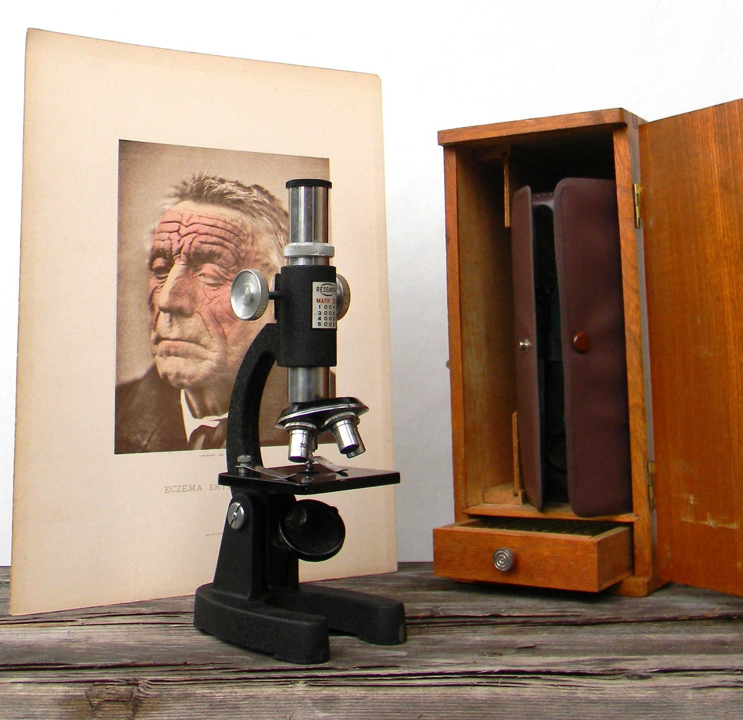 Vintage Microscope Set by Mark II with tools and slides in original Wooden Box