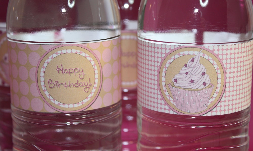 Pink Cupcake Birthday Water Bottle Labels and Circle Toppers - Printable PDF