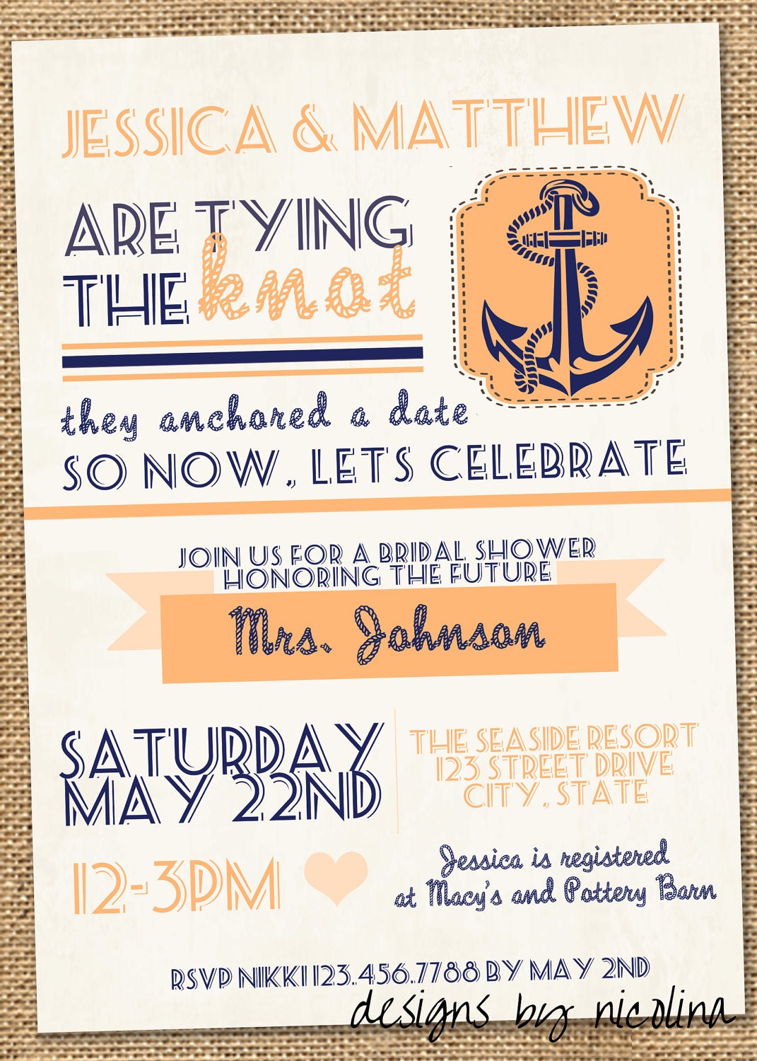 Anchor Tying the Knot Vintage Poster Style Bridal Shower You Pick the Colors PRINTABLE Invitations