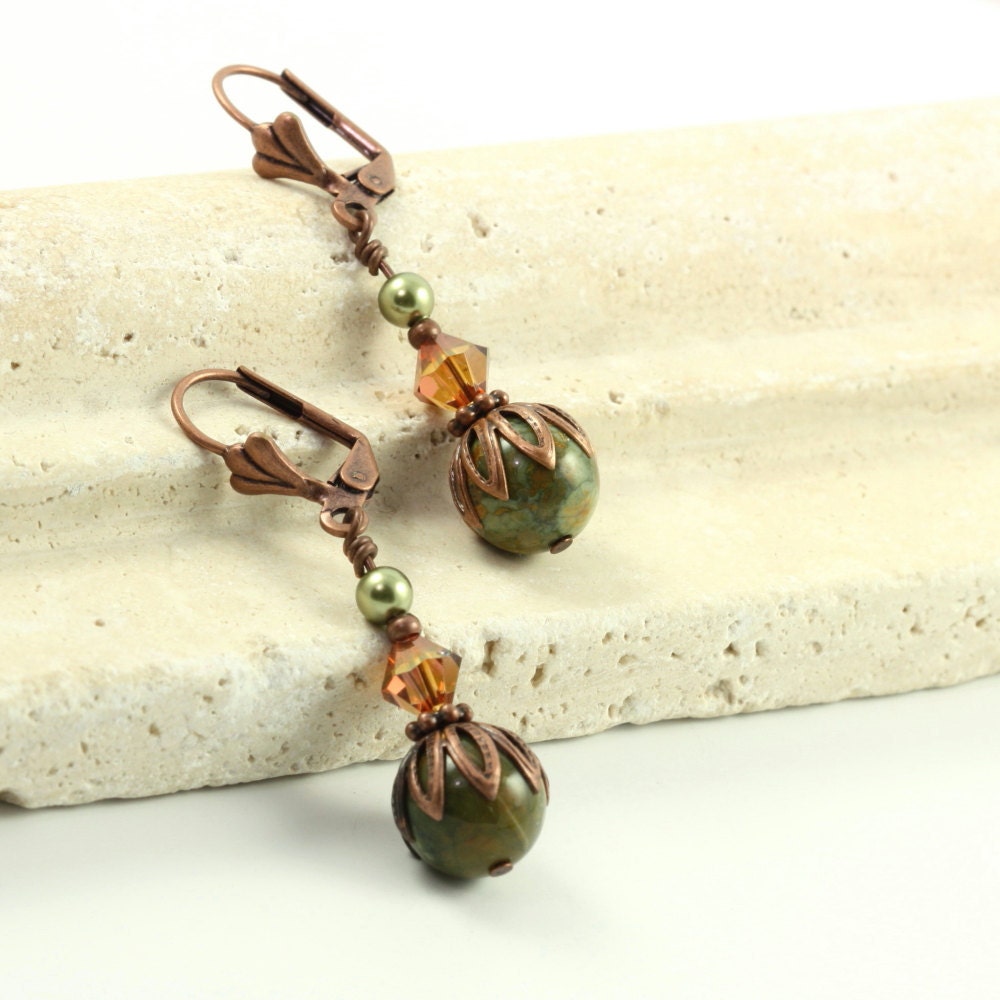 Green Gemstone Earrings Swarovski Crystal Rhyolite Earthy Copper Findings