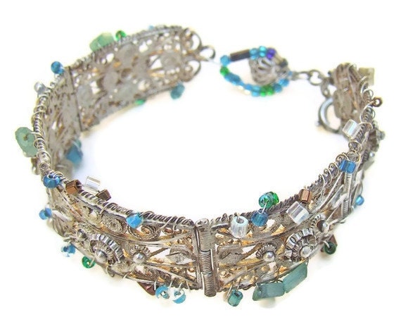 Vintage handmade filigree bracelet adorned with glass beads - revamped - reworked - recycled