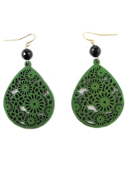 Green Cutout Wood and Onyx Earrings
