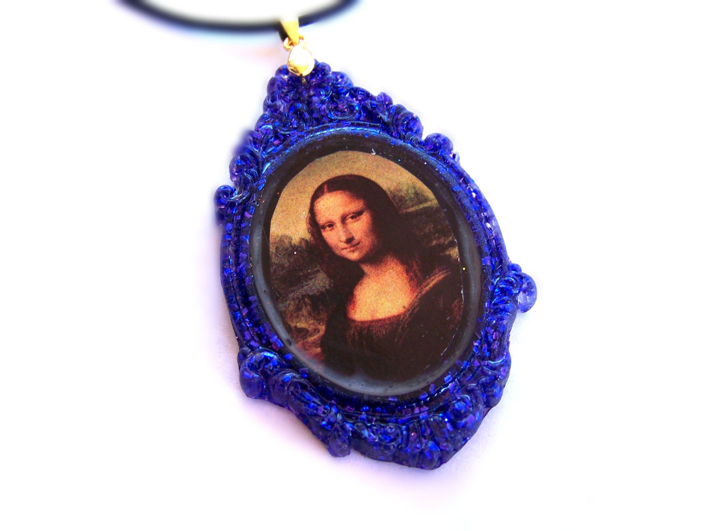 Mona Lisa Necklace, Deep Royal Blue Glitter Pendant, Resin Jewelry by Bohemian Bear