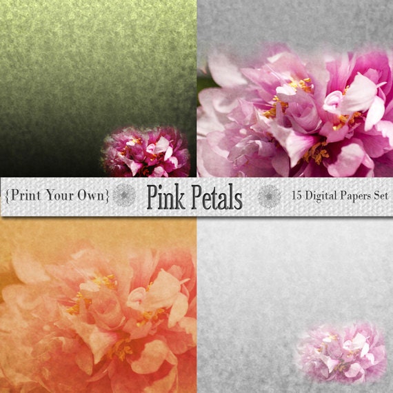 Digital Scrapbook Paper Set -  Pink Petals 15 Sheets - Card Making Paper Crafts Art Journals