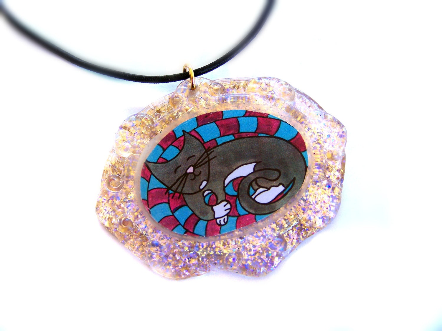 Annie Laurie, Kitty Cat Painting in a Light Lavender & Gold Glitter Resin Pendant