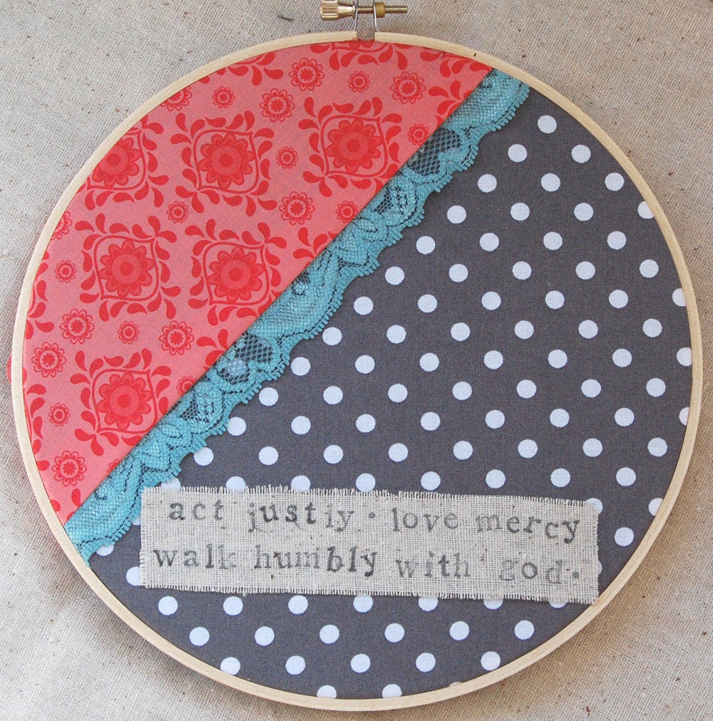 8 inch "love mercy" hoop art in coral and gray polka dot with turquoise lace. perfect for a girls' nursery or bedroom.