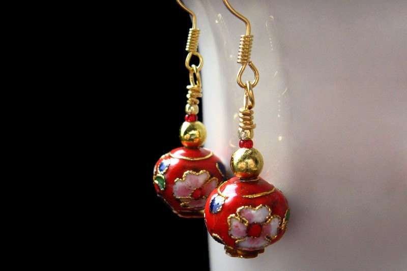 Beaded Flower Earrings, Red Cloisonne. Handmade Artisan Jewelry by Gilliauna