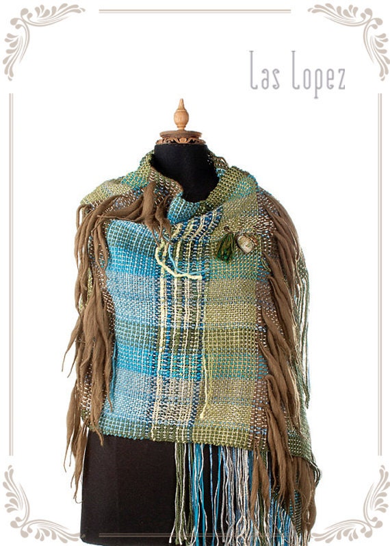 RUSTIC - handwoven shawl scarf wrap poncho- with BROOCH - in turquoise green - (I09/027)