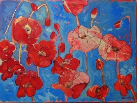Red poppy flower Painting. Original art 18x24" classic red, deep turquoise blue background, splashes of cedar green & metallic gold shimmer