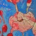 Red poppy flower Painting. Original art 18x24" classic red, deep turquoise blue background, splashes of cedar green & metallic gold shimmer