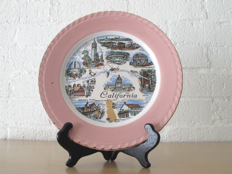 Vintage California Plate / Travel Souvenir in Pink / Gold