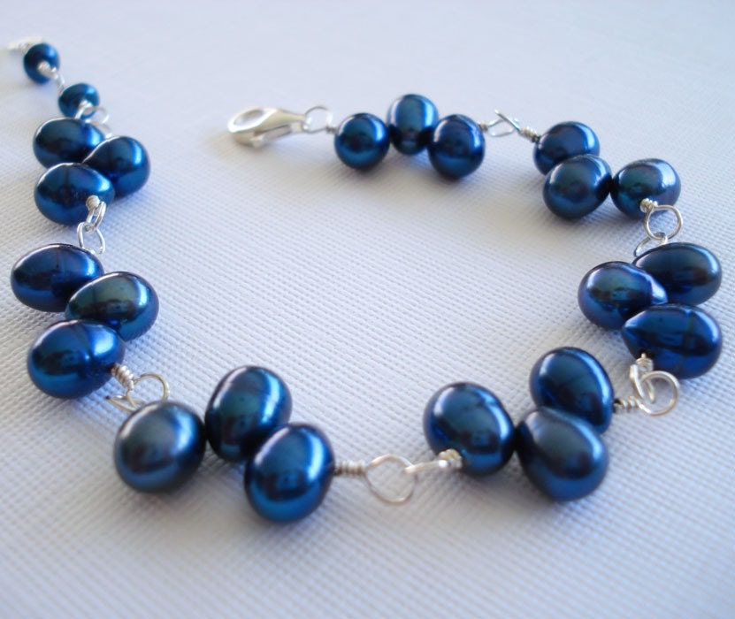 Royal Blue Pearl Bracelet - Blue Fresh Water Pearls, Sterling Silver