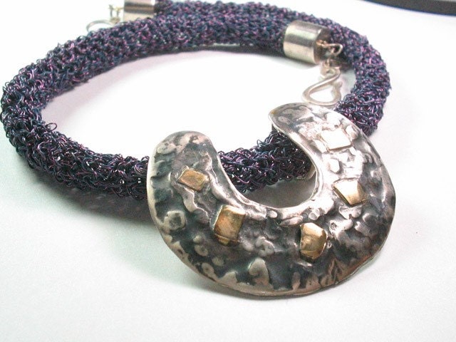 Purple Crochet Necklace with silver and gold Pendant
