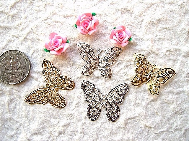Cute Japanese Cabochons - Pink Roses and Butterfly SILVER and GOLD