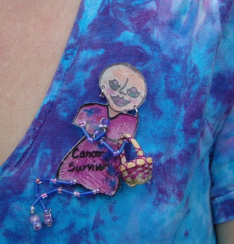 Brooch Pin Upcycled Plastic Cancer Survivor Bald lady with basket