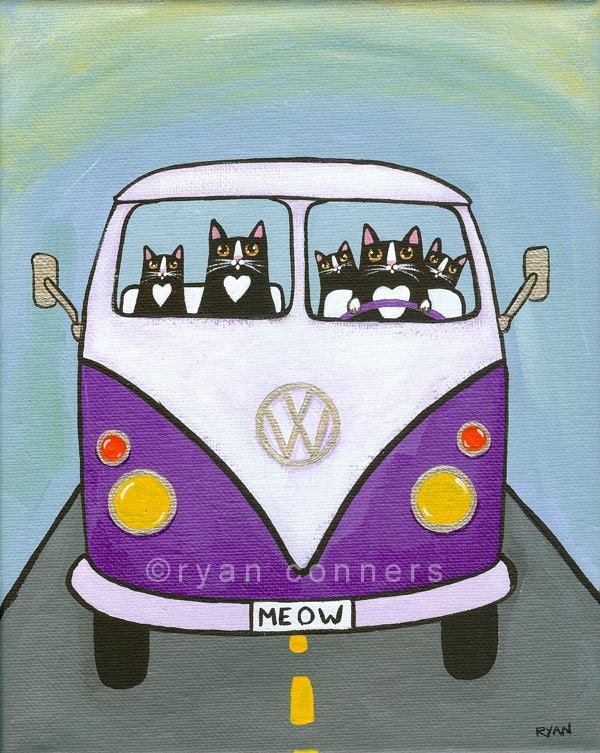 Purple Split VW Bus Original Cat Folk Art Painting From KilkennycatArt