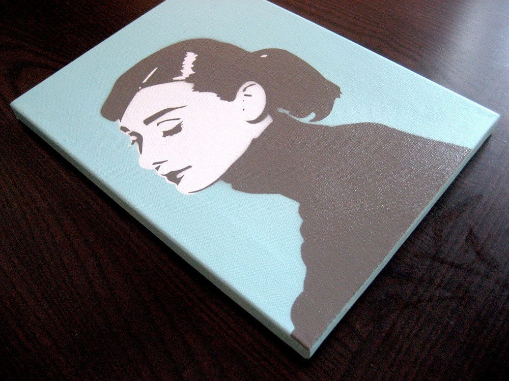 Audrey Hepburn in Blue Original Stencil Painting on Stretched Canvas 9 x 