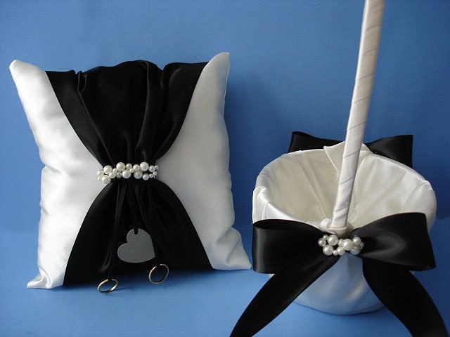 Personalized Wedding Ring Bearer Pillow and Flower Girl Basket with Pearls