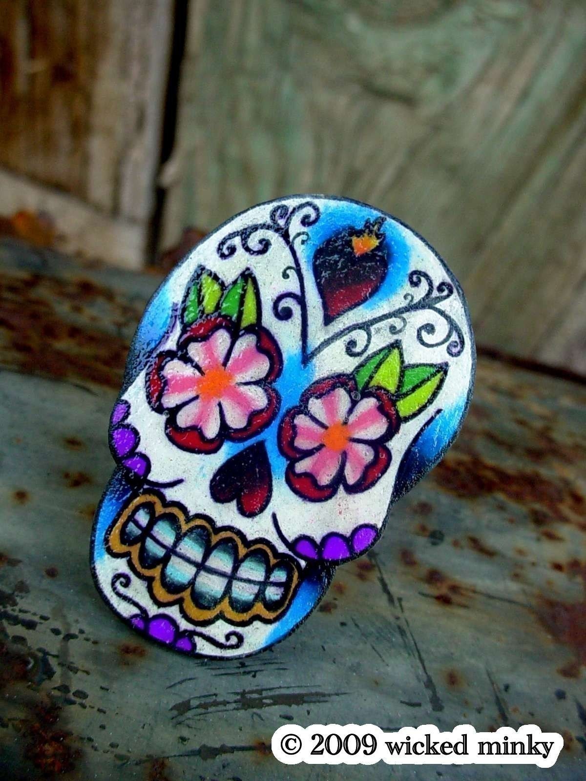 sugar skull with sacred heart and flowers tattoo ring (dia de los ...