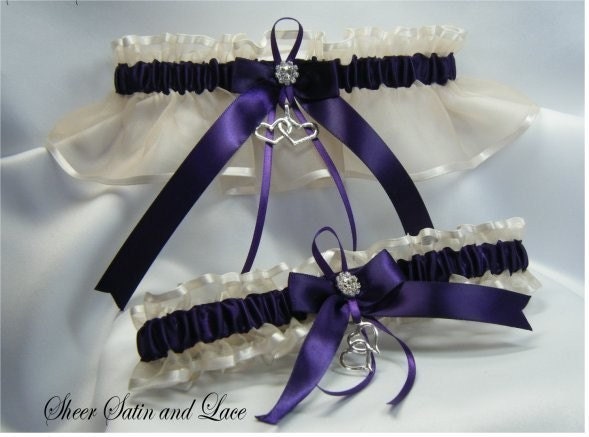 DOUBLE HEART Wedding garters PLUM PURPLE Ivory Garter