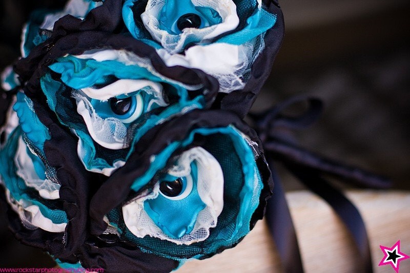 Truly Turquoise and Black Satin Button Bouquet From RBKCreations
