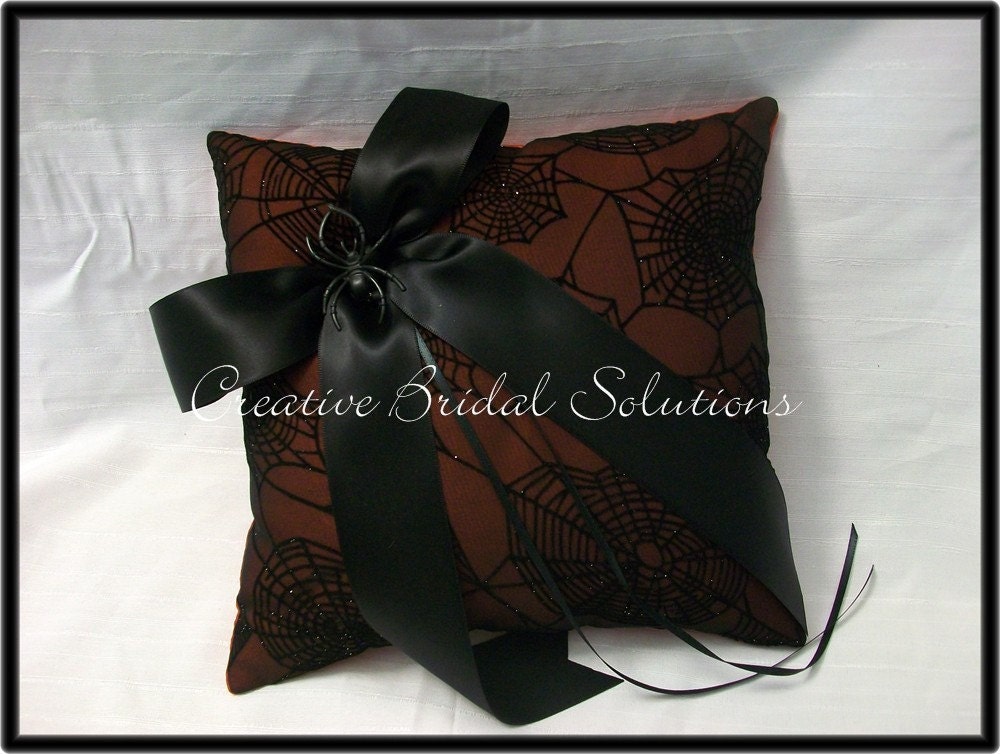 Black and Red Spiderweb Halloween Wedding Ring Pillow From CreativeBridal
