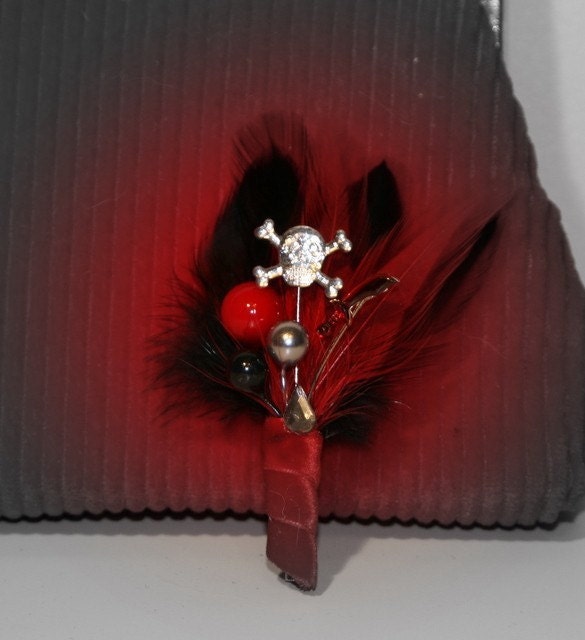 Pirate Wedding Boutonniere Red and Black with Skull and Sword