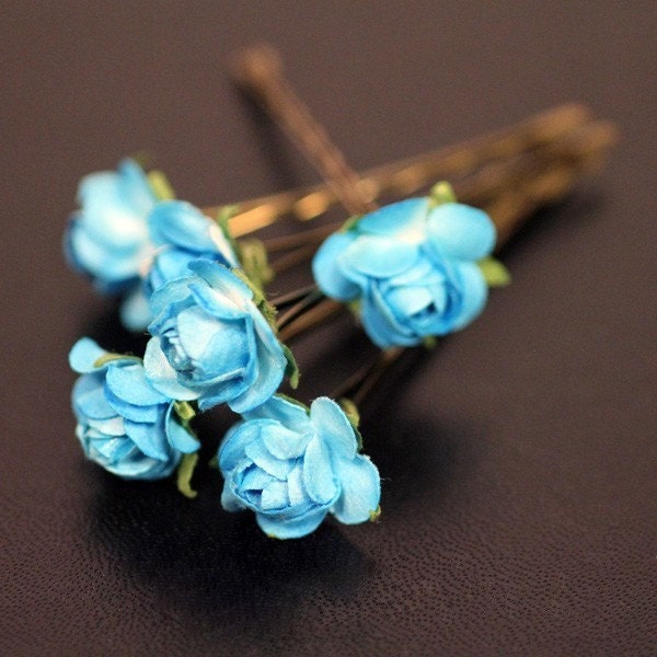 Enchanted Rose Bridal Hair Accessories Blue Paper Flower Brass Bobby Pin