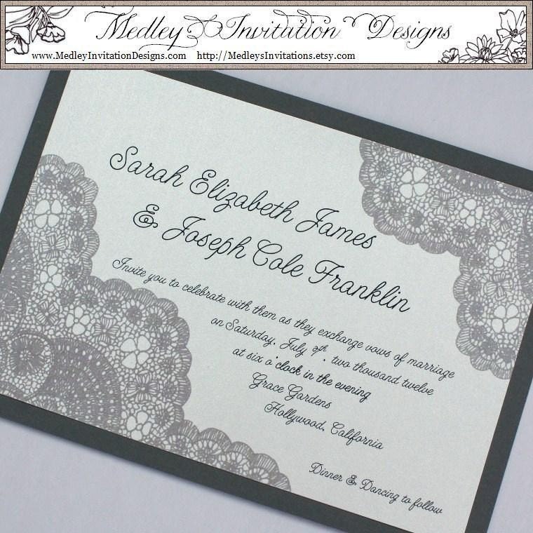 Light Pewter Gray Grey Vintage Antique Lace Wedding Invitation Any 
