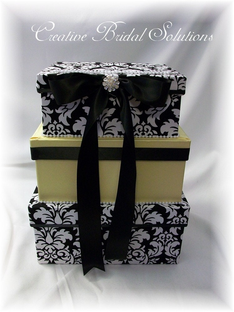 Three Tier Black and White Dandy Damask with Yellow Wedding Card Box