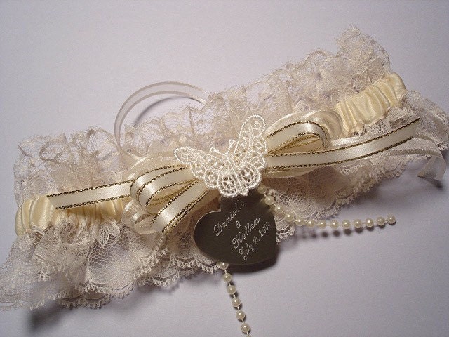 Butterfly Wedding Garter in Ivory Lace with Custom Accent Ribbon and 