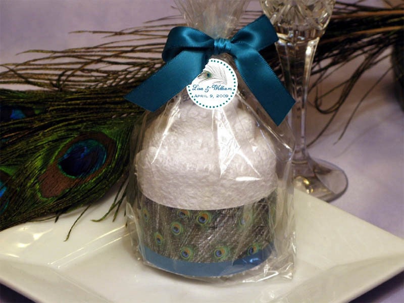 PEACOCK wedding CUPCAKE TOWEL favors bridal shower birthday turquoise green