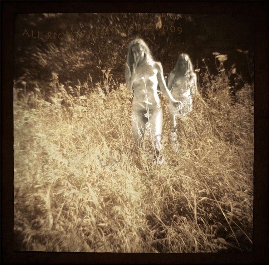 Hippy girls running naked nude in the woods Fine Art photography Holga print