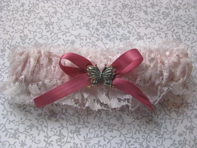 Blue Tarnished Butterfly and Soft Pink Lace Wedding Garter