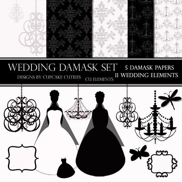 Wedding Damask Set Digital Clipart and Papers Elements Commercial use for